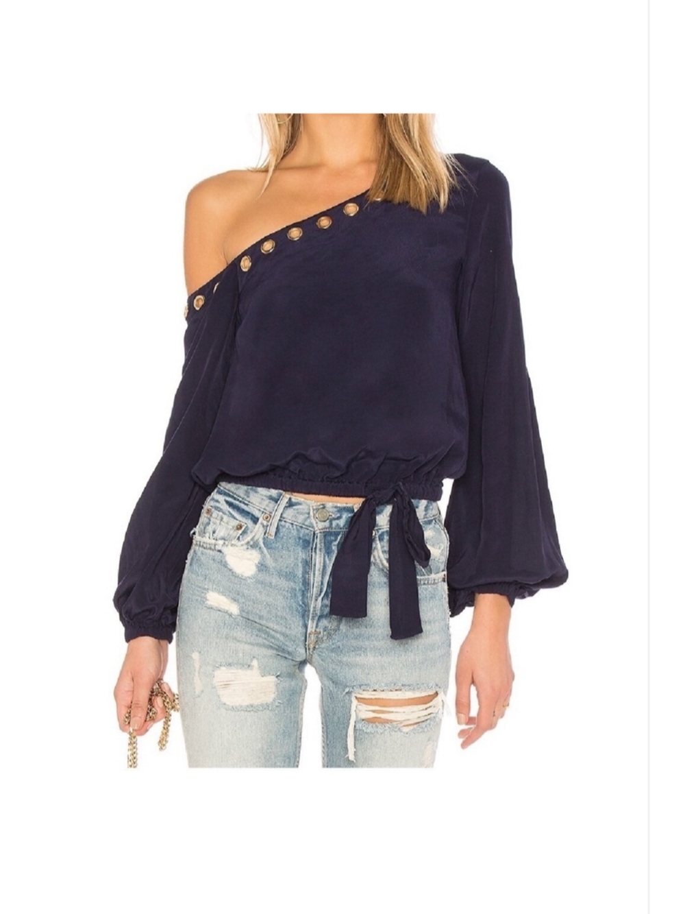 Lovers & Friends Alyssa Navy One-Shoulder Blouson Top Size Small Like New